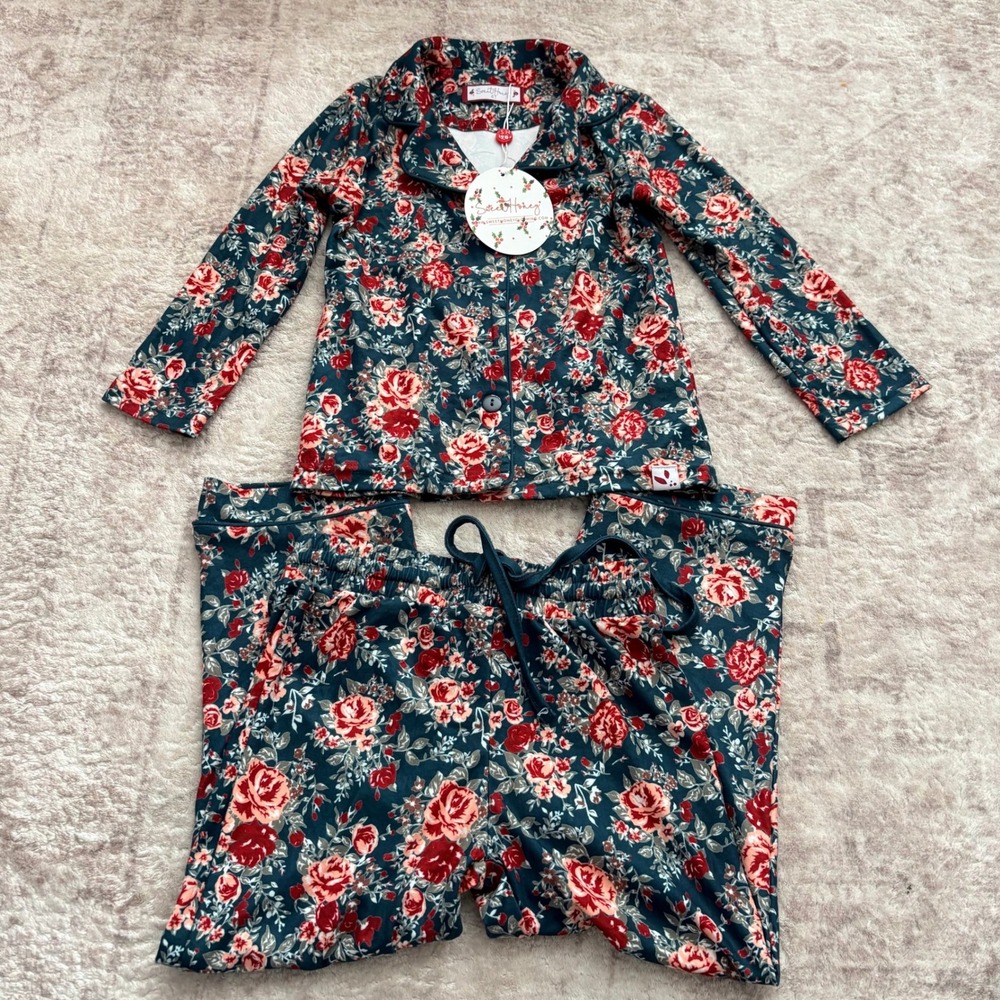 Sweet Honey Girls Christmas Holiday Floral Pajamas Set 4T New Long Sleeve Pants